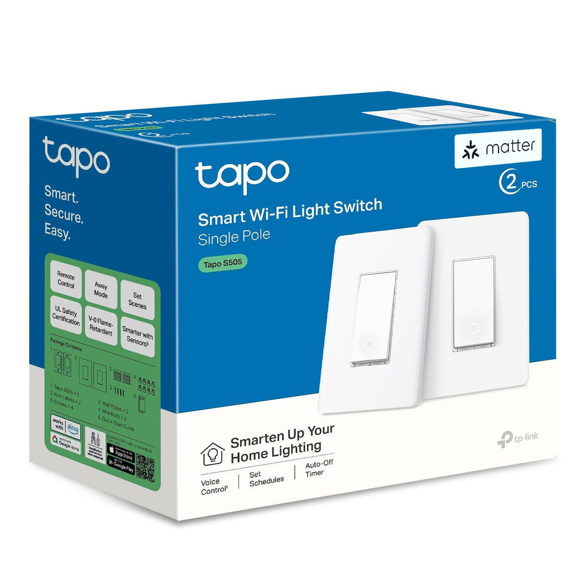 Tapo S505 vista frontal del paquete mostrando el diseño y compatibilidad Matter