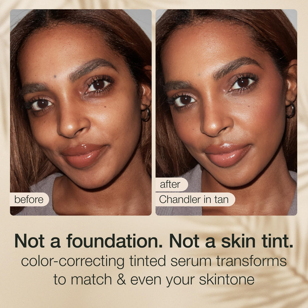 tarte side-by-side before and after image showing evened skin and natural finish benefit