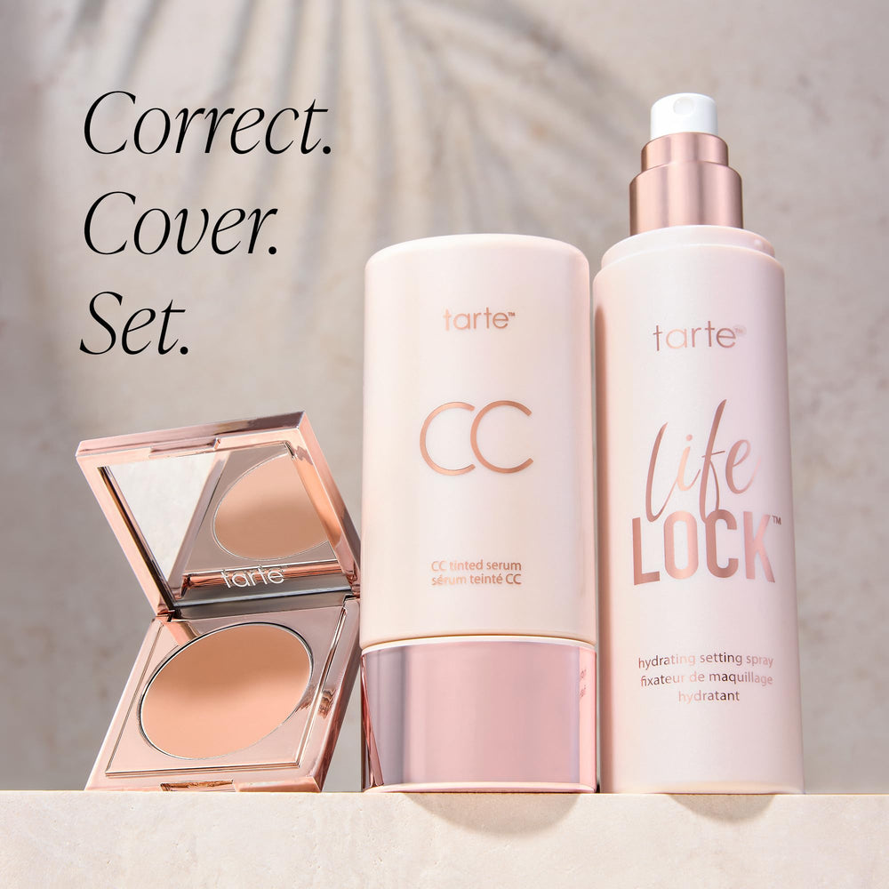tarte model applying serum in lifestyle setting showing quick everyday routine benefit