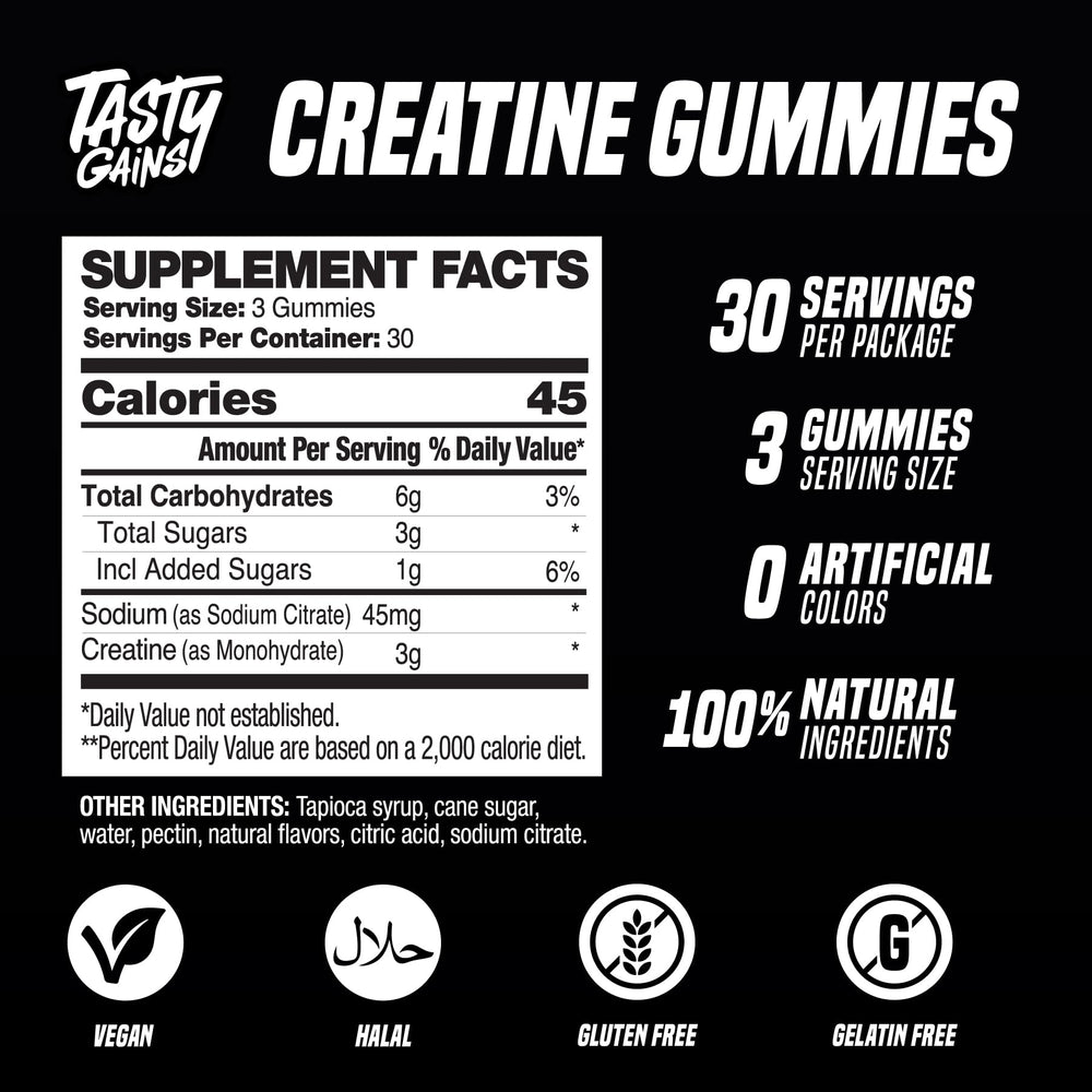 TASTY GAINS etiqueta con ingredientes y certificaciones para confianza