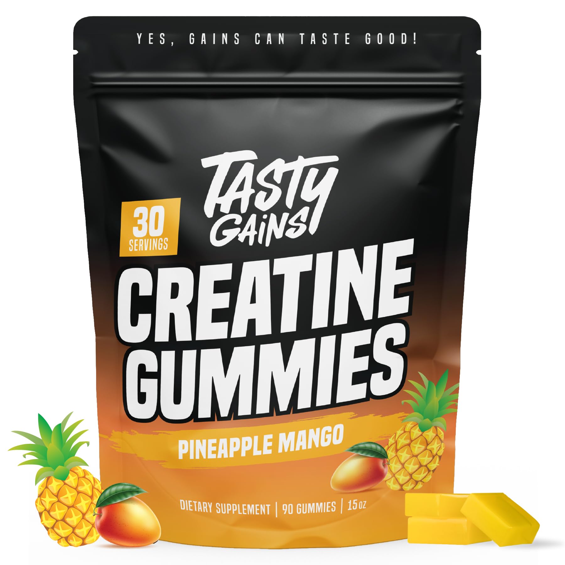 TASTY GAINS envase frontal de creatine gummies con beneficio conveniencia