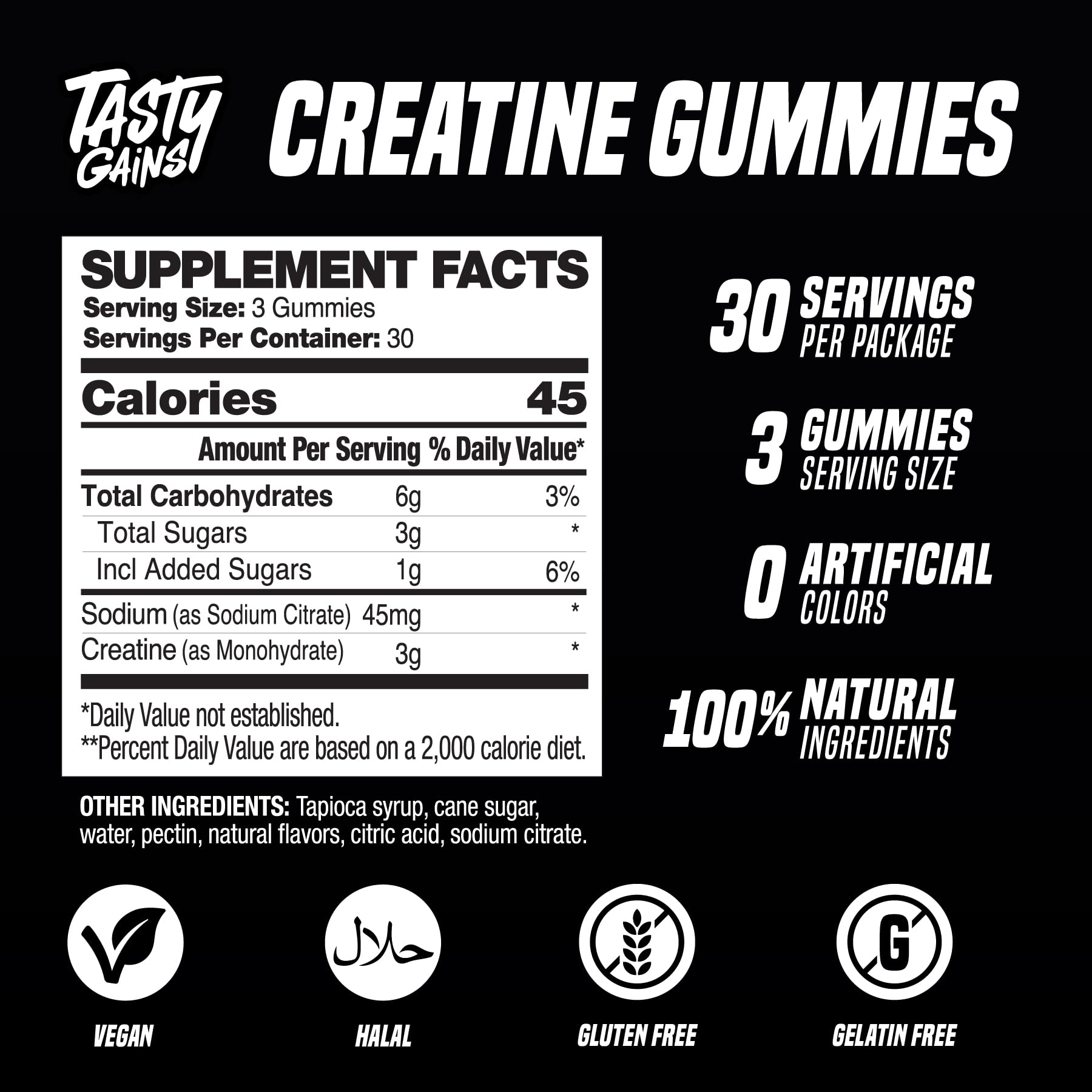 TASTY GAINS etiqueta de ingredientes destacando creatina monohidrato clara