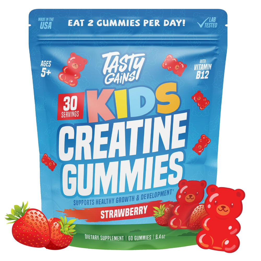 TASTY GAINS frente del envase mostrando 60 gomitas y conveniencia