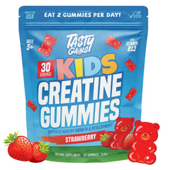 TASTY GAINS frente del envase mostrando 60 gomitas y conveniencia
