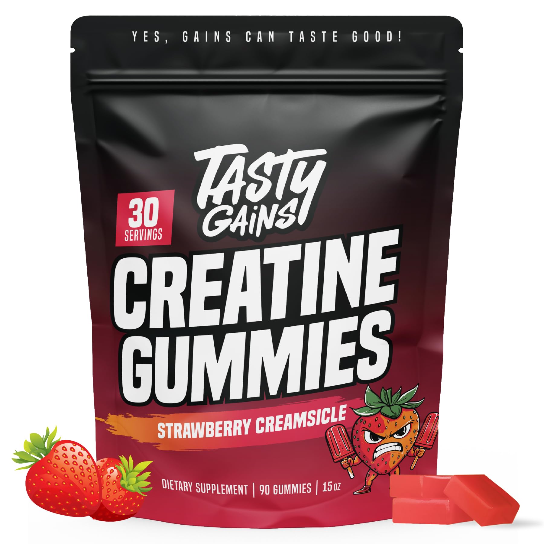 TASTY GAINS frasco frontal mostrando diseño y sello Non-GMO