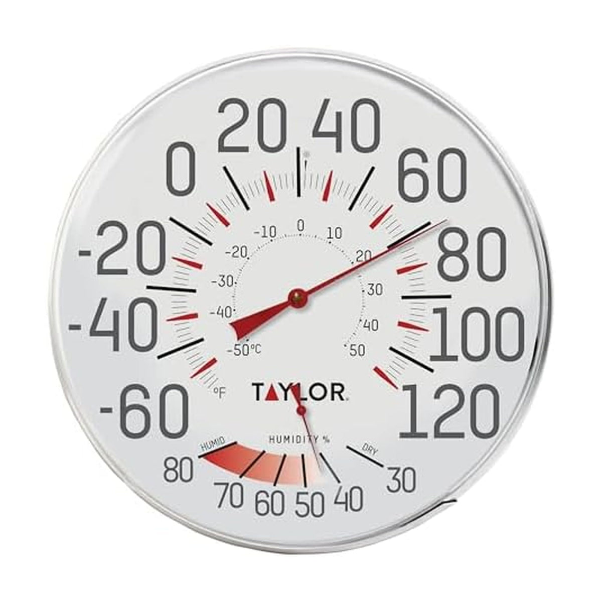Taylor Humidiguide front view showing dual thermometer and hygrometer readability