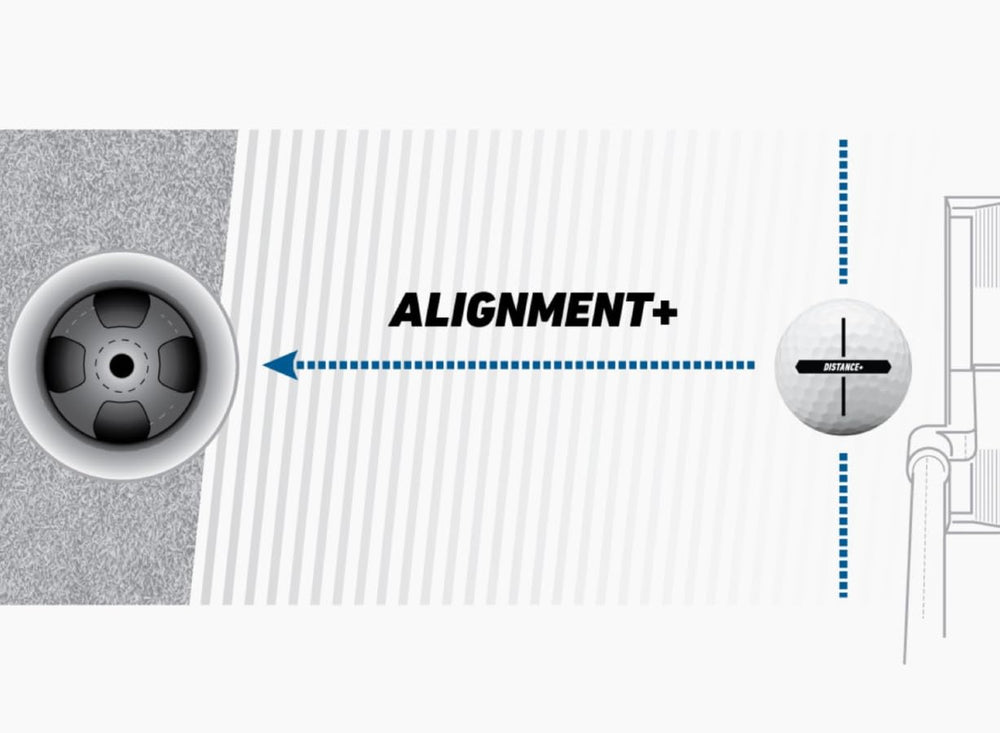 TaylorMade Distance+ ball on tee in sunlight showing alignment aid for accurate aim