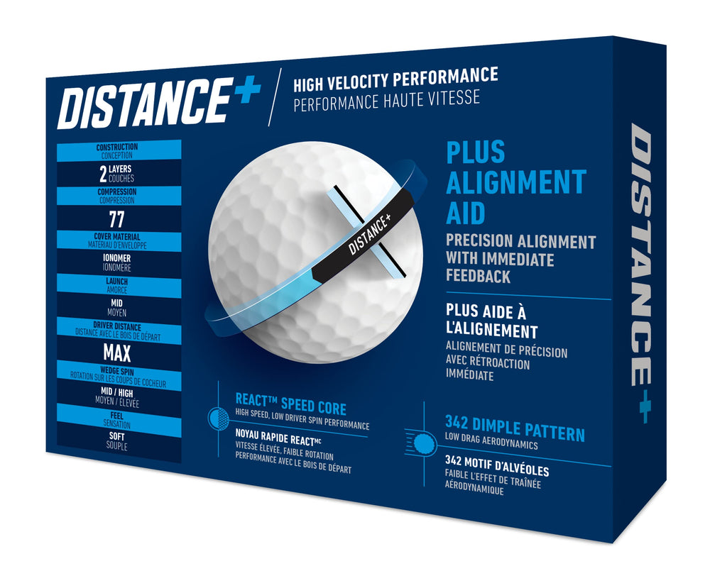 TaylorMade Distance+ core close-up highlighting REACT Speed Core for higher ball speed