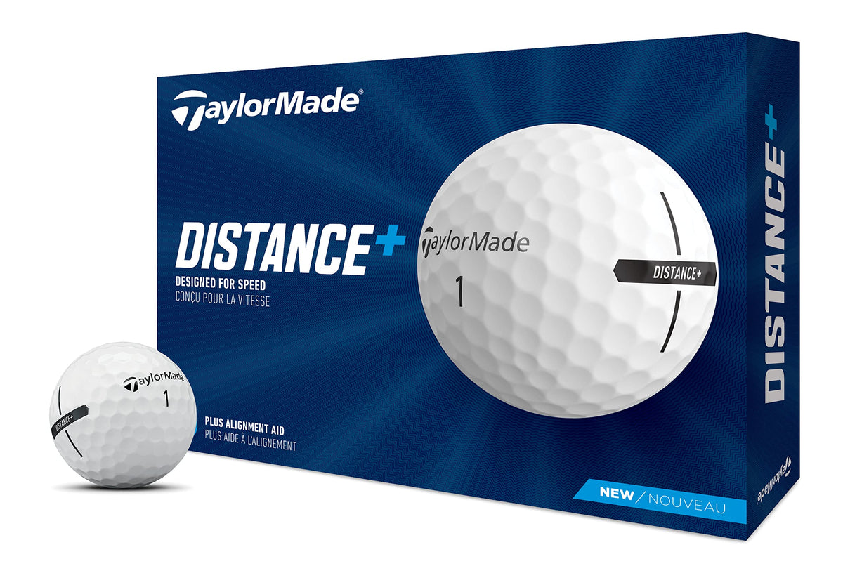 TaylorMade Distance+ front packaging showing 12-count and benefits for longer distance