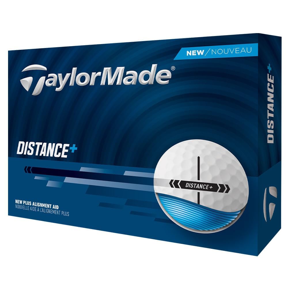 TaylorMade Distance + vista frontal del empaque mostrando la docena y beneficio de conveniencia
