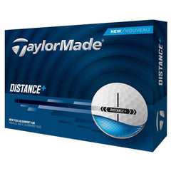 TaylorMade Distance + vista frontal del empaque mostrando la docena y beneficio de conveniencia