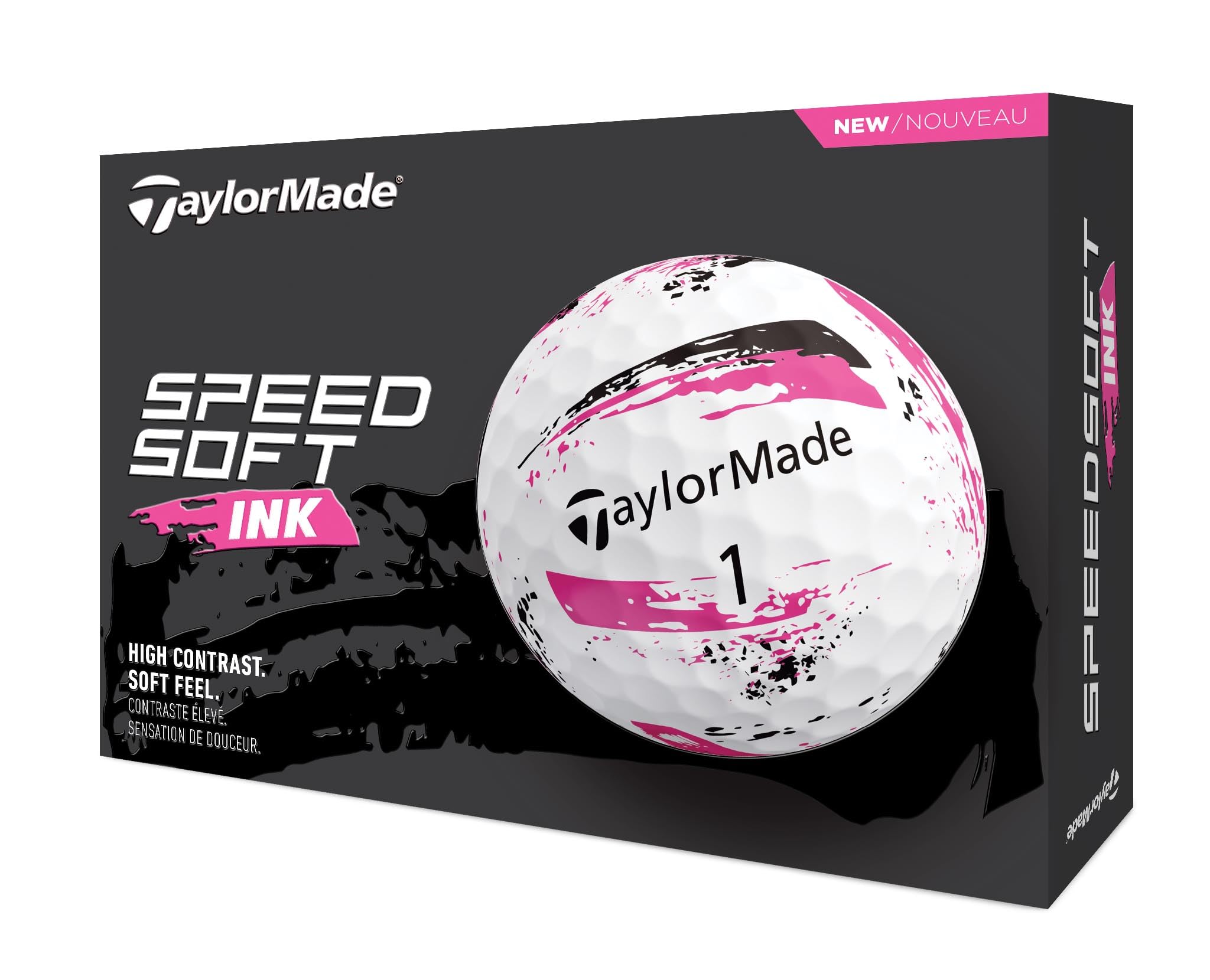 TaylorMade SpeedSoft Ink close-up of paint-splatter texture highlighting visual tracking