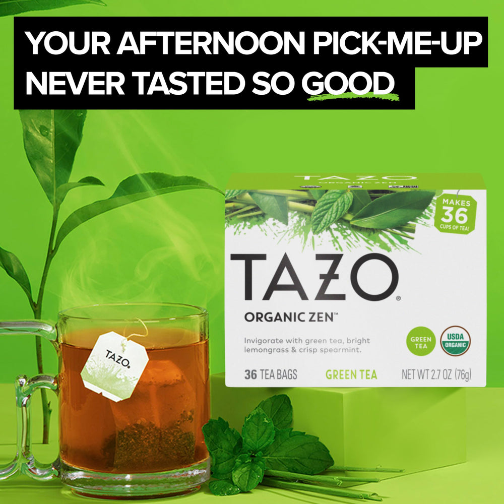 TAZO bolsita en primer plano con textura, destacando calidad y aroma