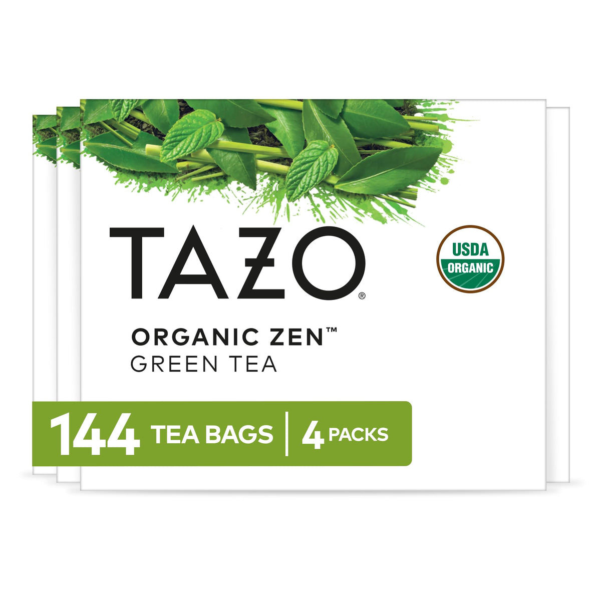 TAZO empaque frontal mostrando las 36 bolsitas y beneficio de conveniencia