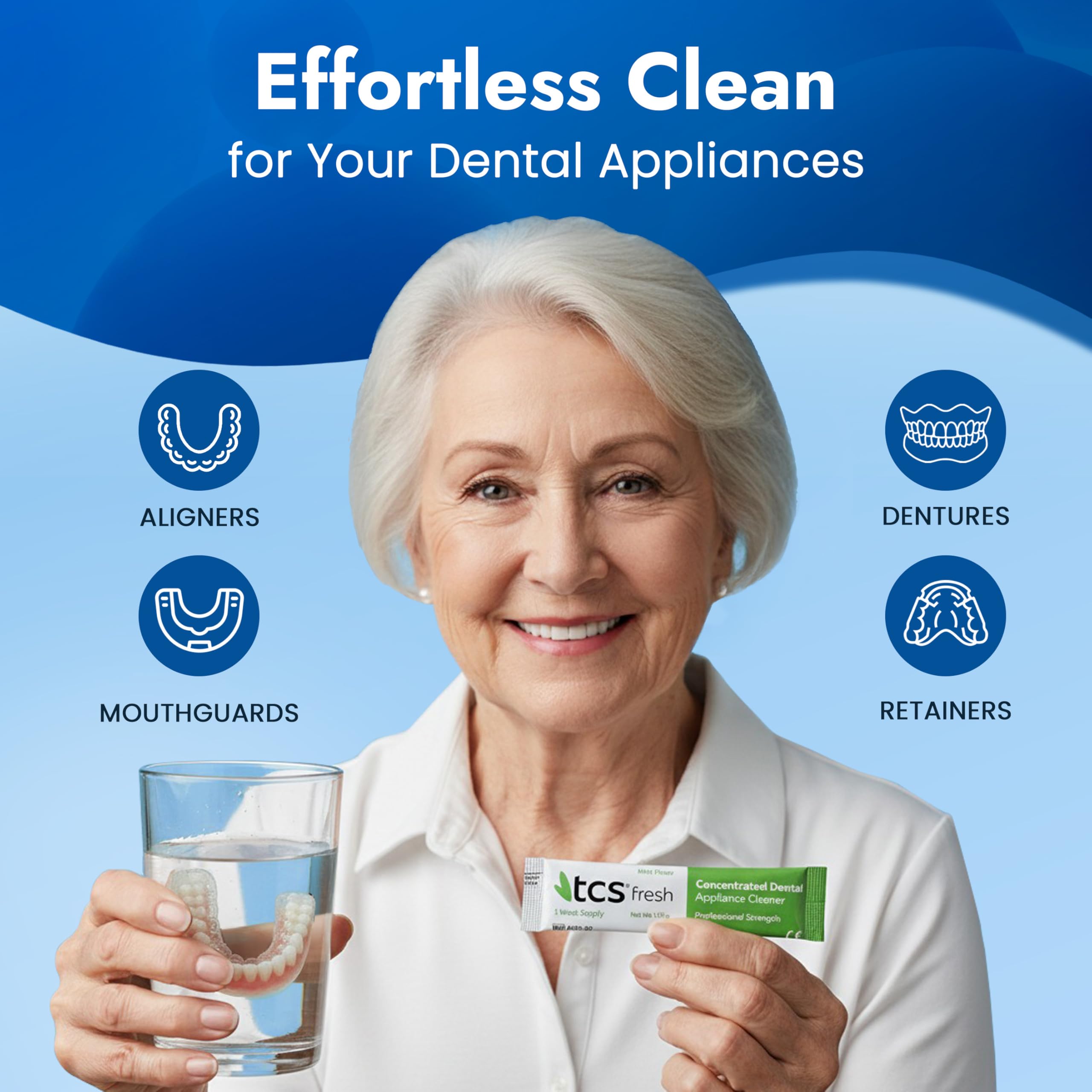 TCS dentadura sumergida en vaso con solución para limpieza diaria efectiva