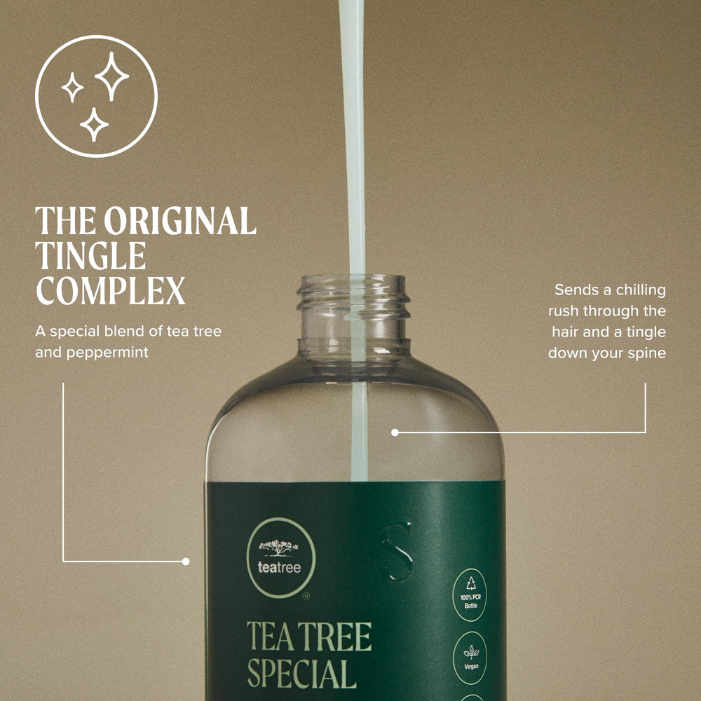 Tea Tree comparación de tamaño botella 10.14 fl. oz. para escala visual