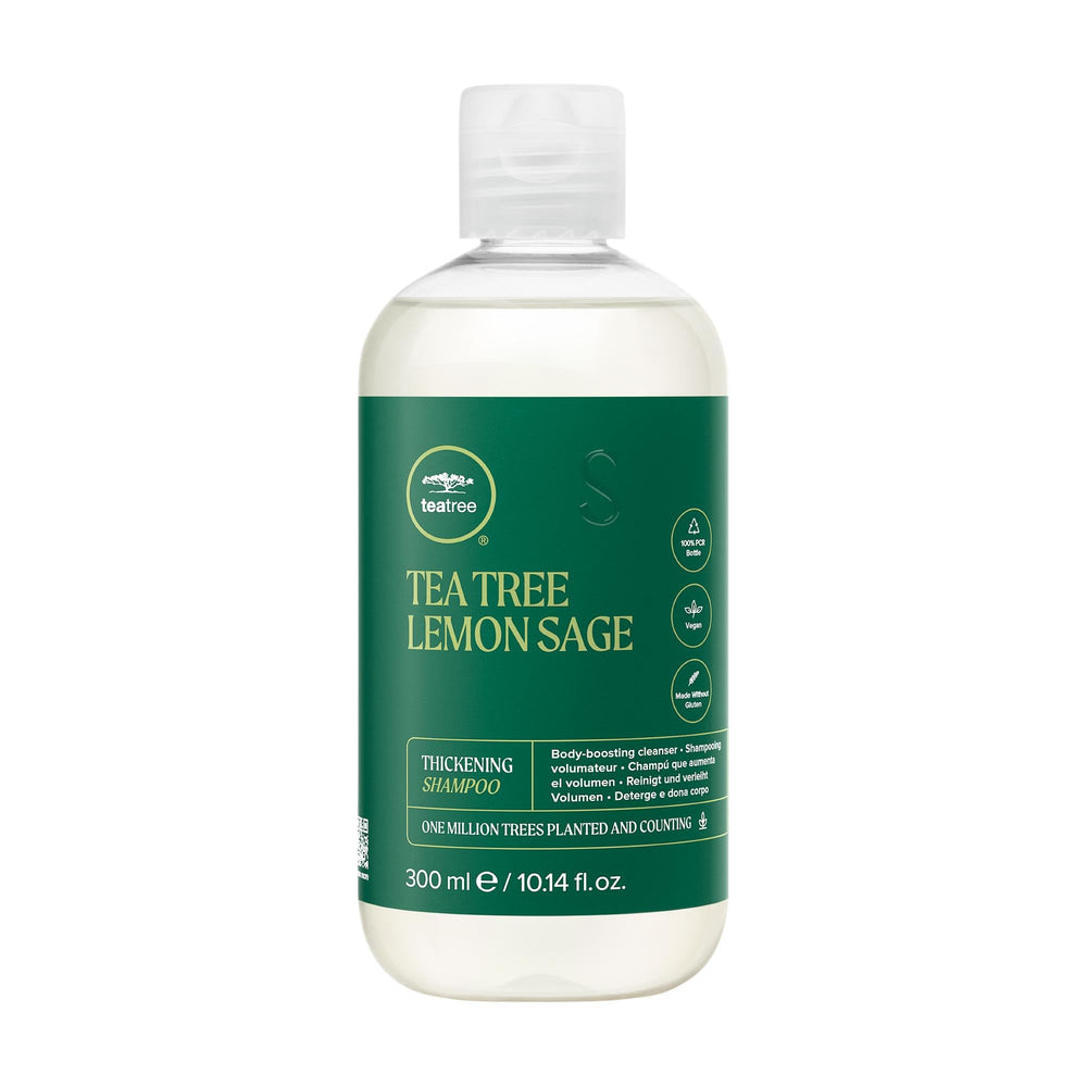 Tea Tree champú frontal mostrando etiqueta y tamaño para volumen