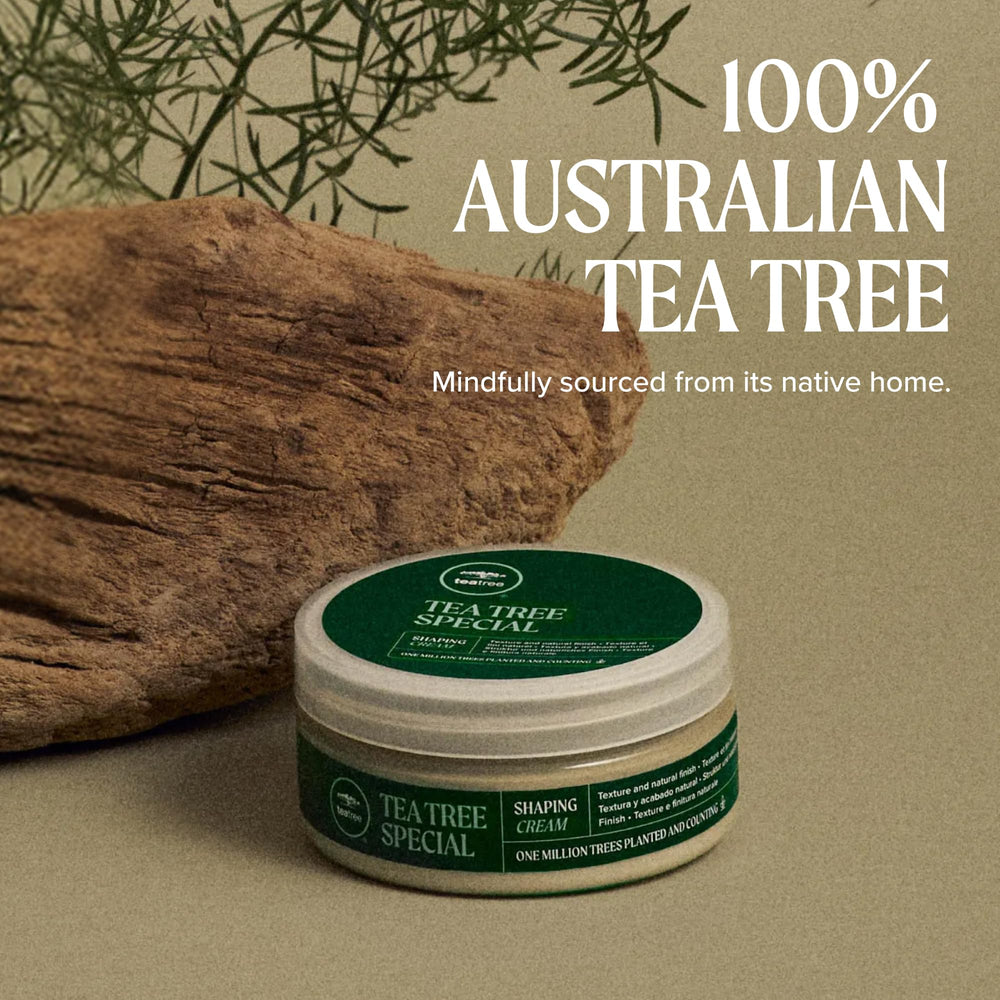 Tea Tree jar on bathroom shelf evoking everyday botanical styling ritual