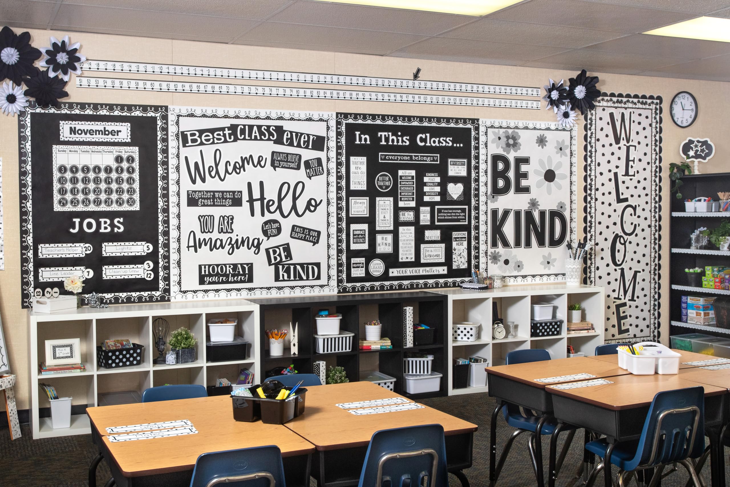 Teacher Created Resources black roll size comparison next to door, covers large boards