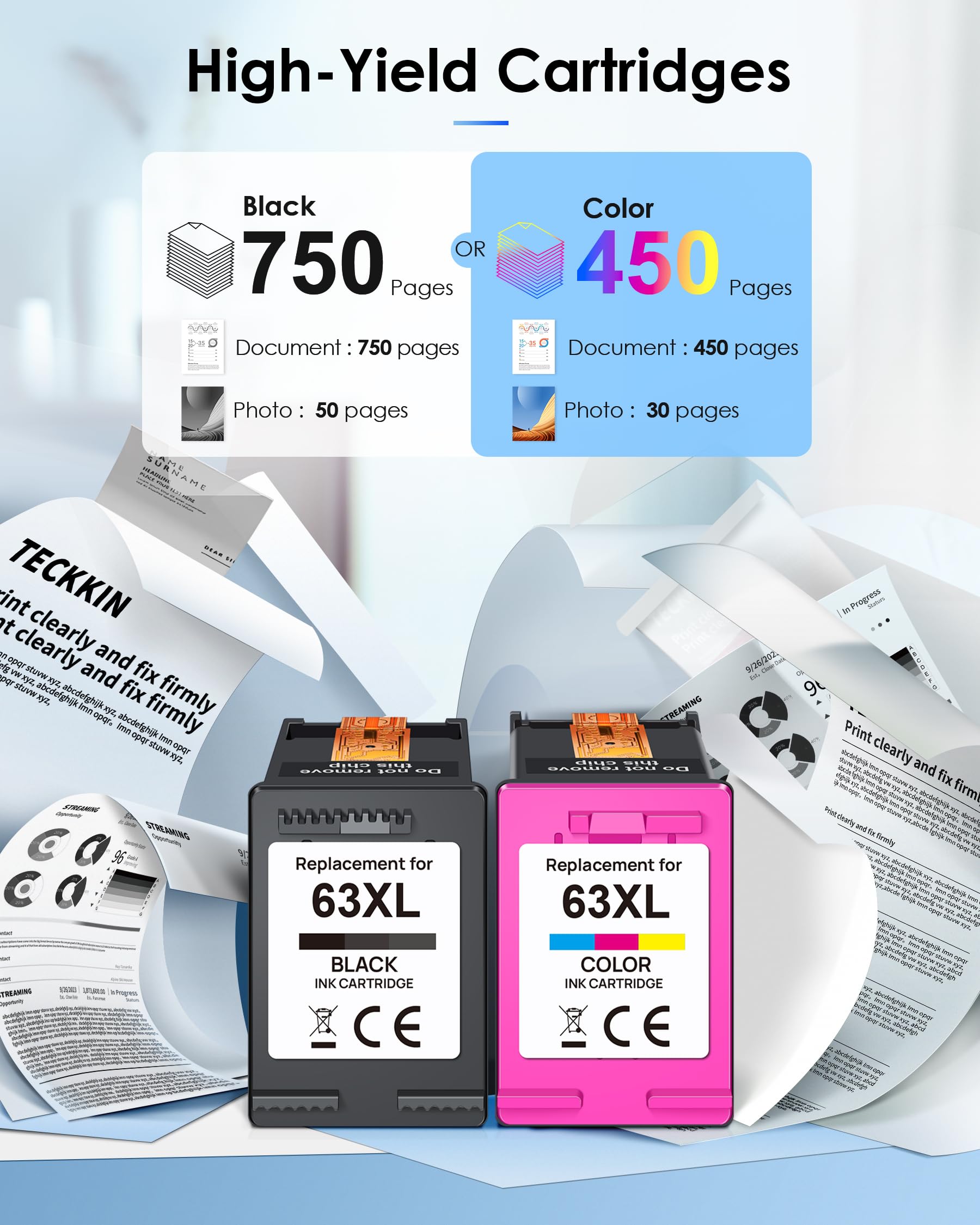 TECKKIN tri-color 63XL cartridge close-up showing color ports for vivid prints