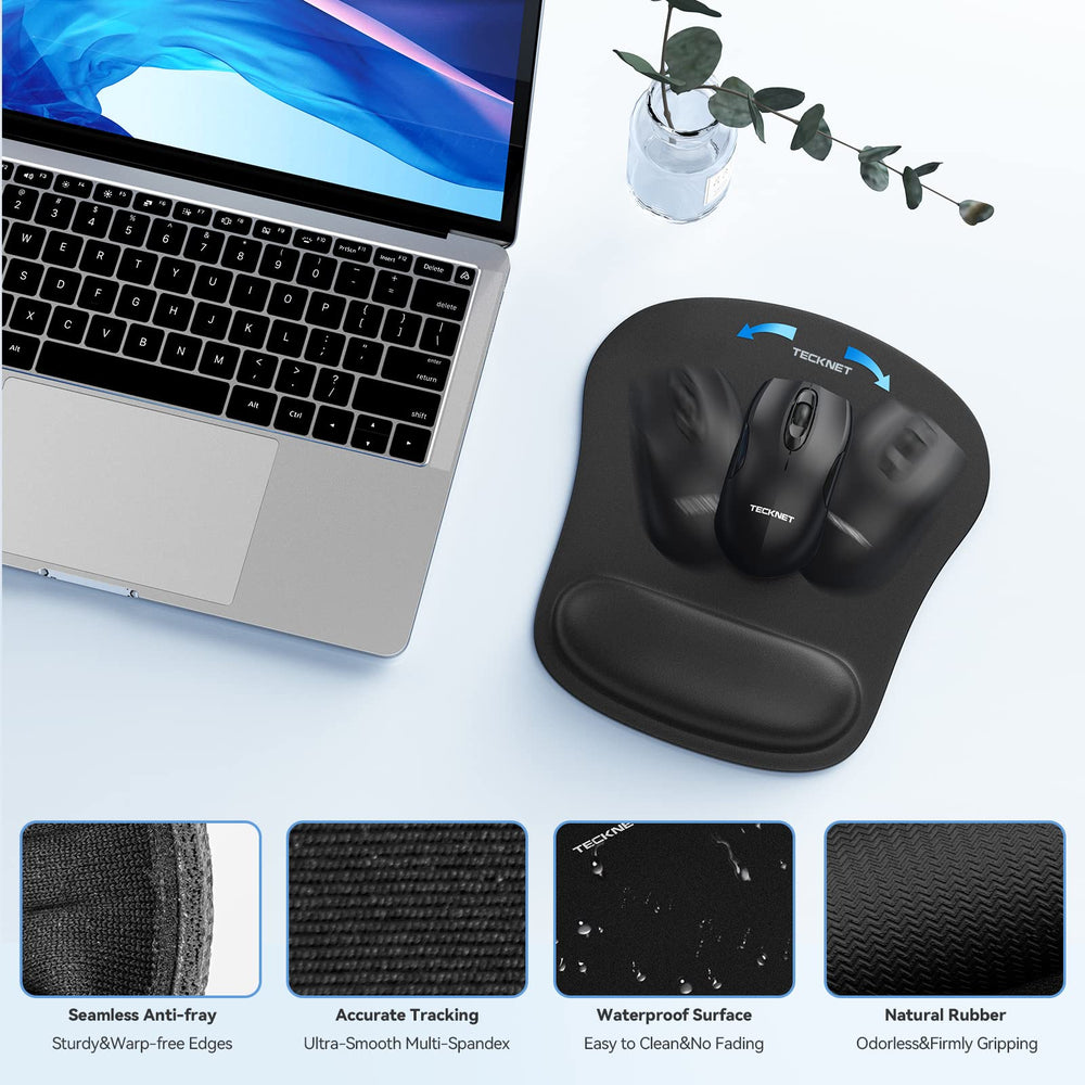 TECKNET set en escritorio con teclado, mejora postura y reduce fatiga