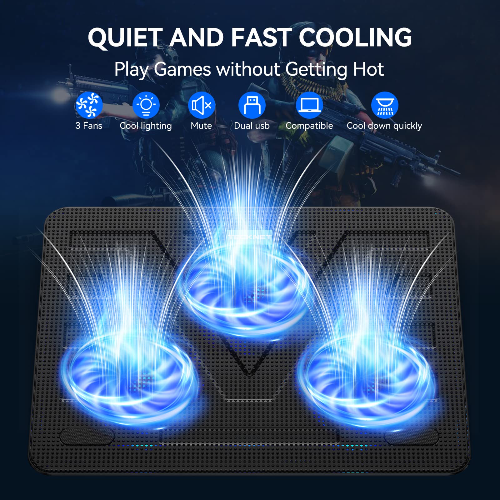 TECKNET base en uso con portátil, reduce temperatura y mejora estabilidad