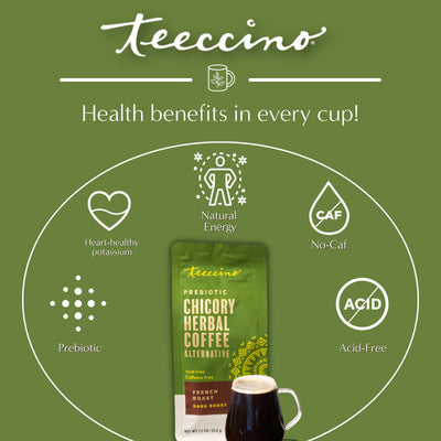 Teeccino taza humeante servida, ofrece sabor intenso sin cafeína