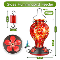 Tegarbed close-up of flower-shaped feeding ports encouraging hummingbird visits