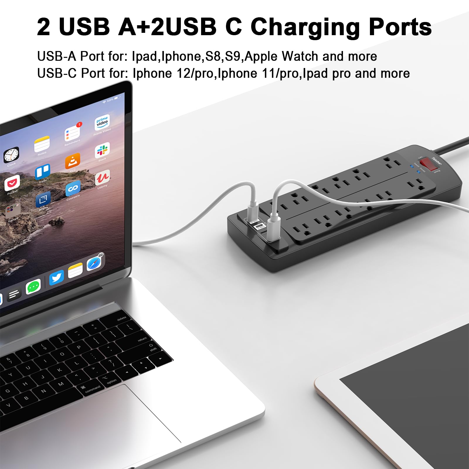 Teiobar acercamiento a puertos USB-C y USB-A para carga inteligente segura