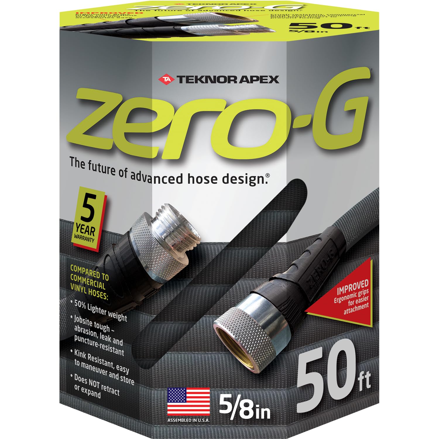 Teknor Apex manguera zero-G frontal mostrando longitud y color negro, manejo cómodo