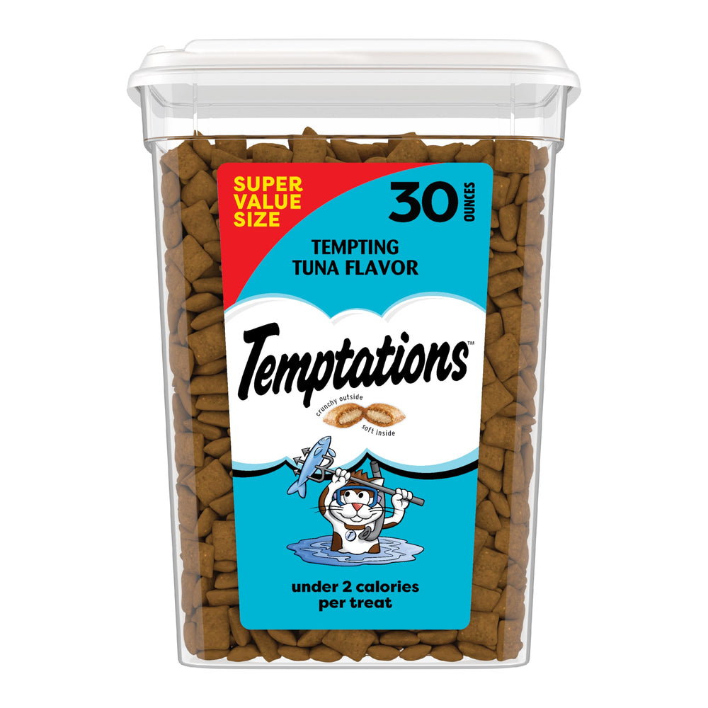 Temptations frente del paquete mostrando tamaño y sabor atún, mantiene frescura