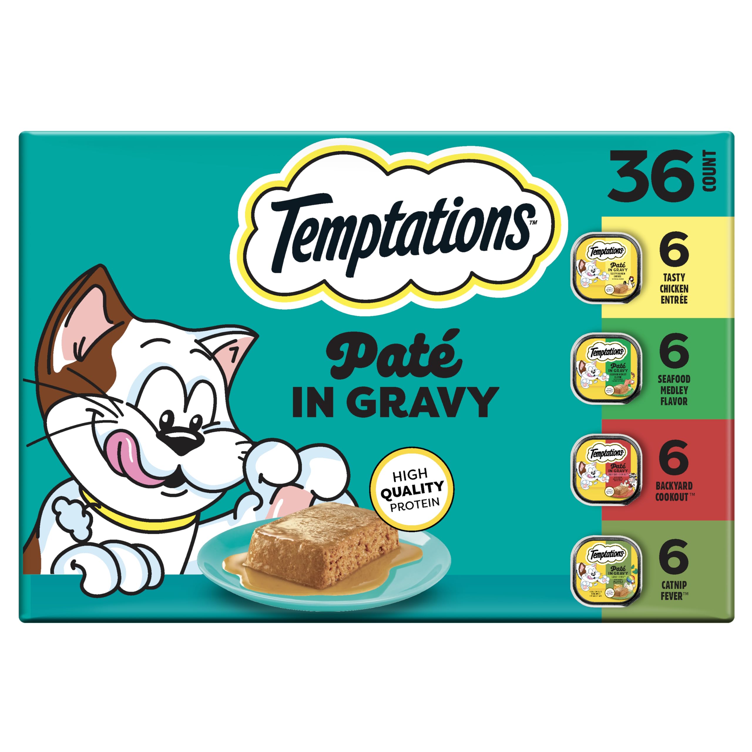 Temptations paquete surtido frontal mostrando bandejas y conveniencia