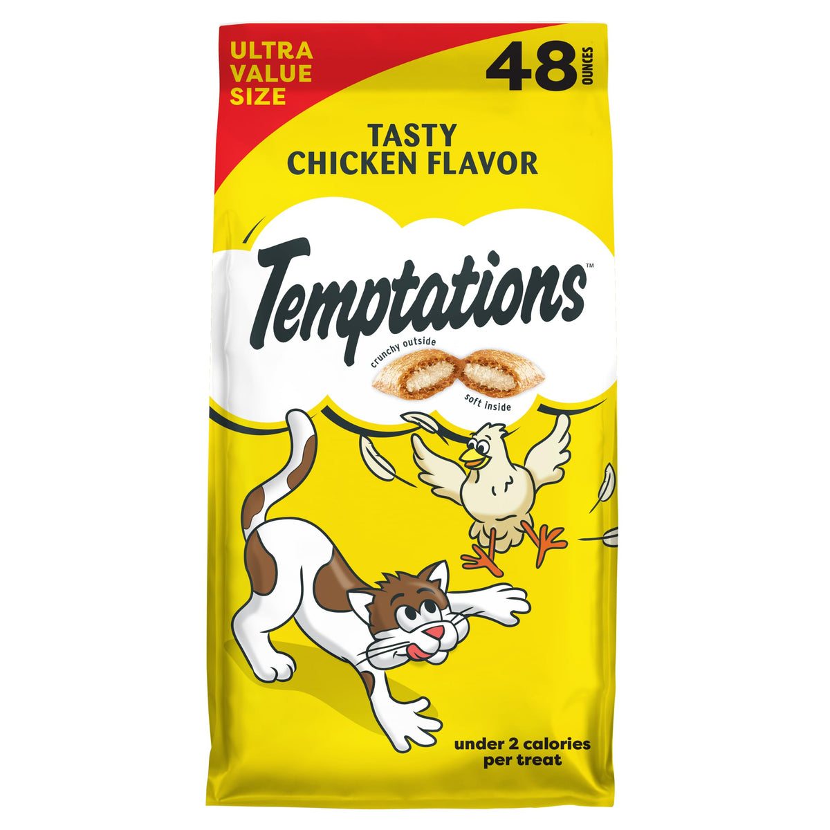 Temptations tub front packaging showing brand and flavor benefit: easy storage