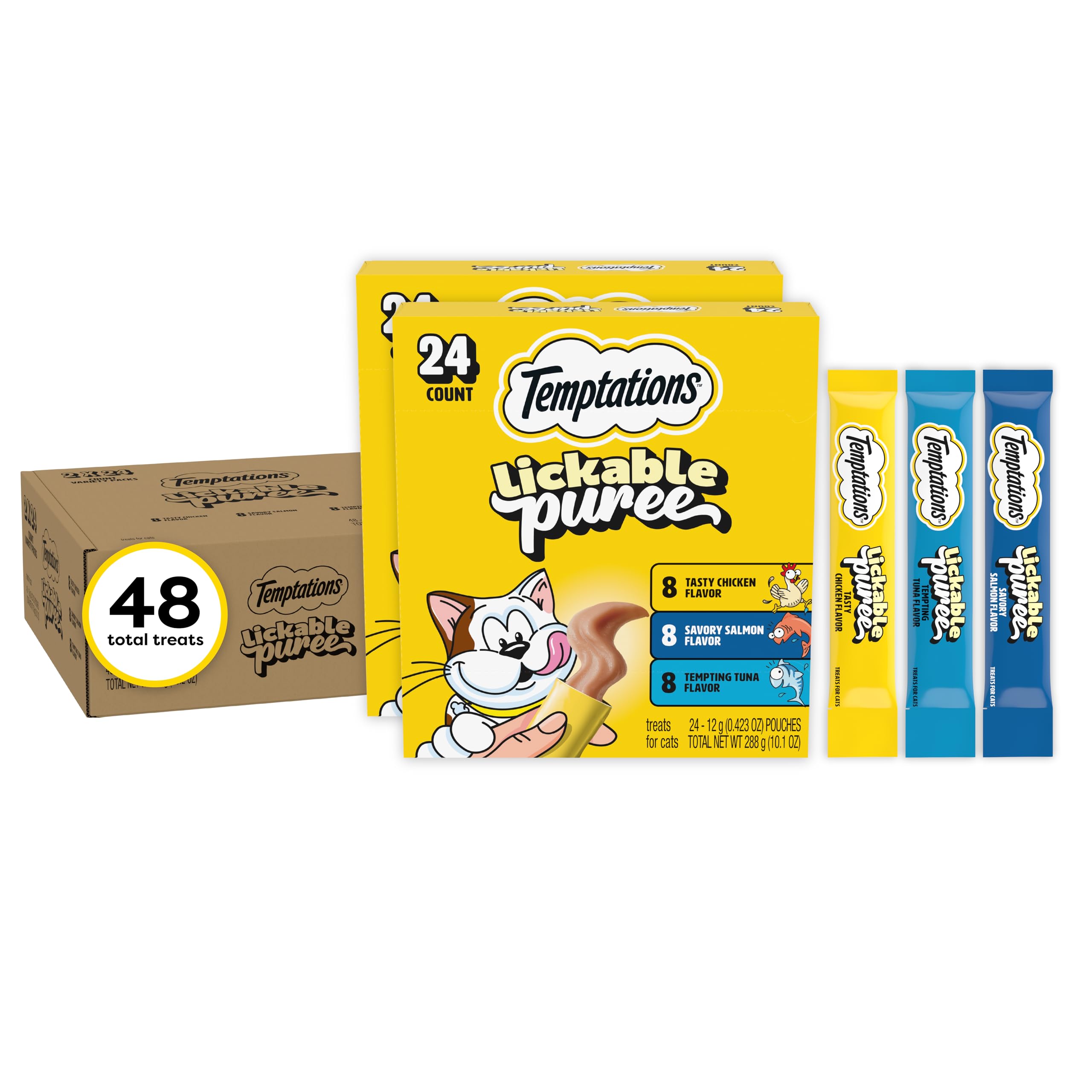 Temptations tubo frontal mostrando sabores y conveniencia para premiar