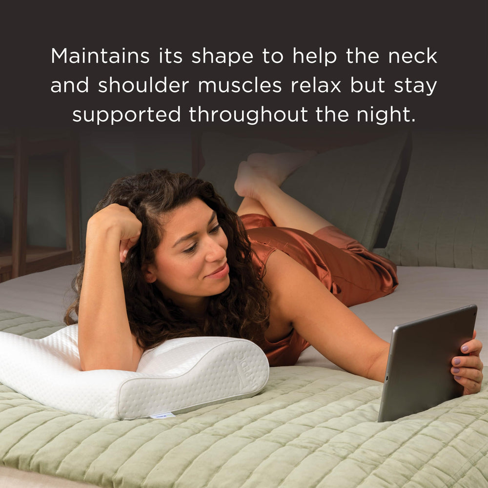 Tempur-Pedic pillow next to a ruler showing medium profile dimensions for fit clarity