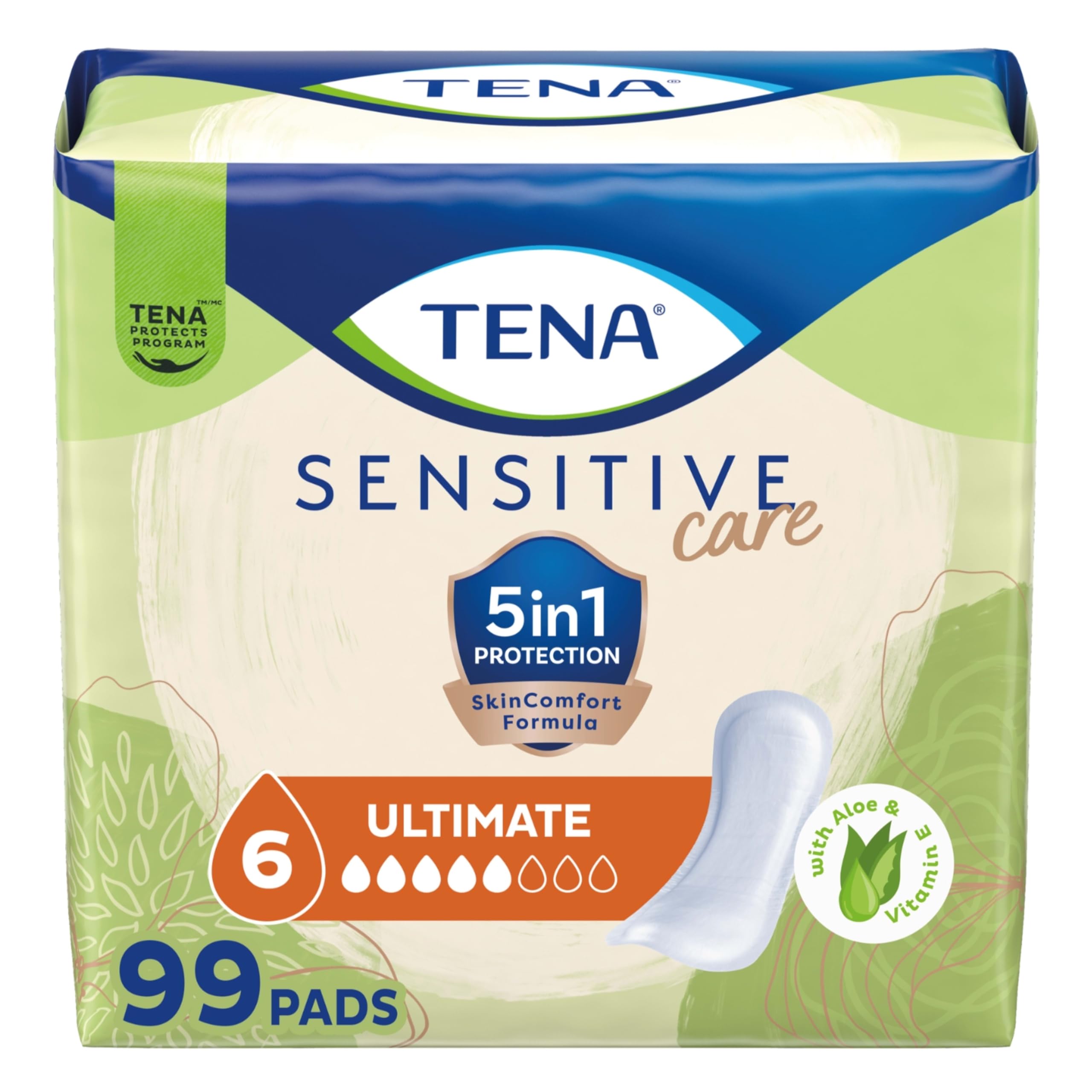 TENA empaque frontal Sensitive Care mostrando protección y cantidad