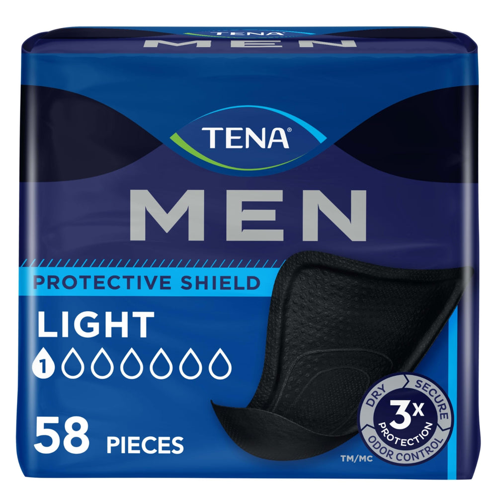 TENA muestra frontal del paquete negro con 58 protectores para discreción