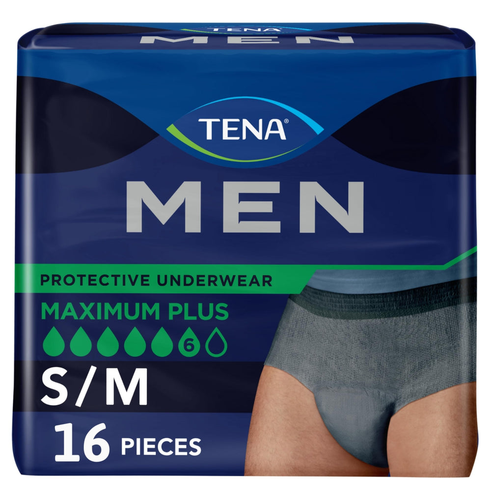 TENA Men frente del empaque mostrando talla S/M y beneficio de absorción