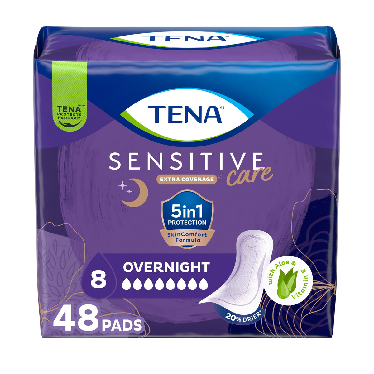 TENA envase frontal mostrando 48 compresas y marca clara