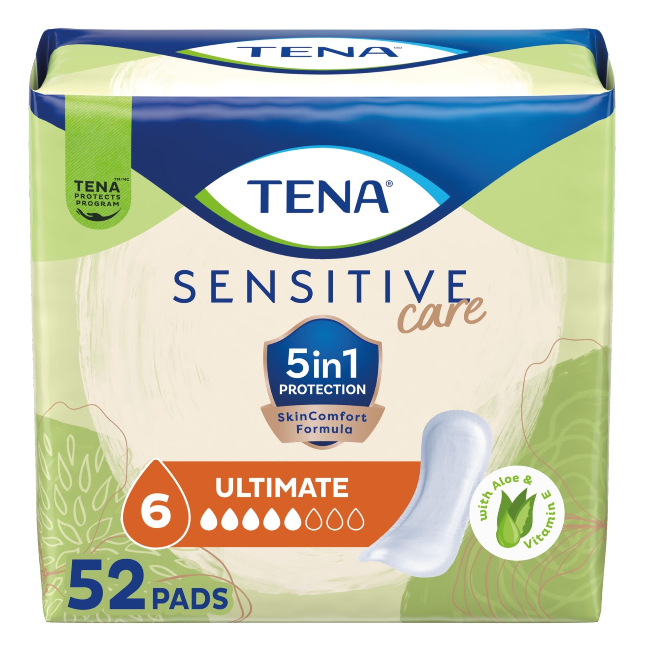 TENA paquete frontal mostrando protección y conteo de 52 unidades