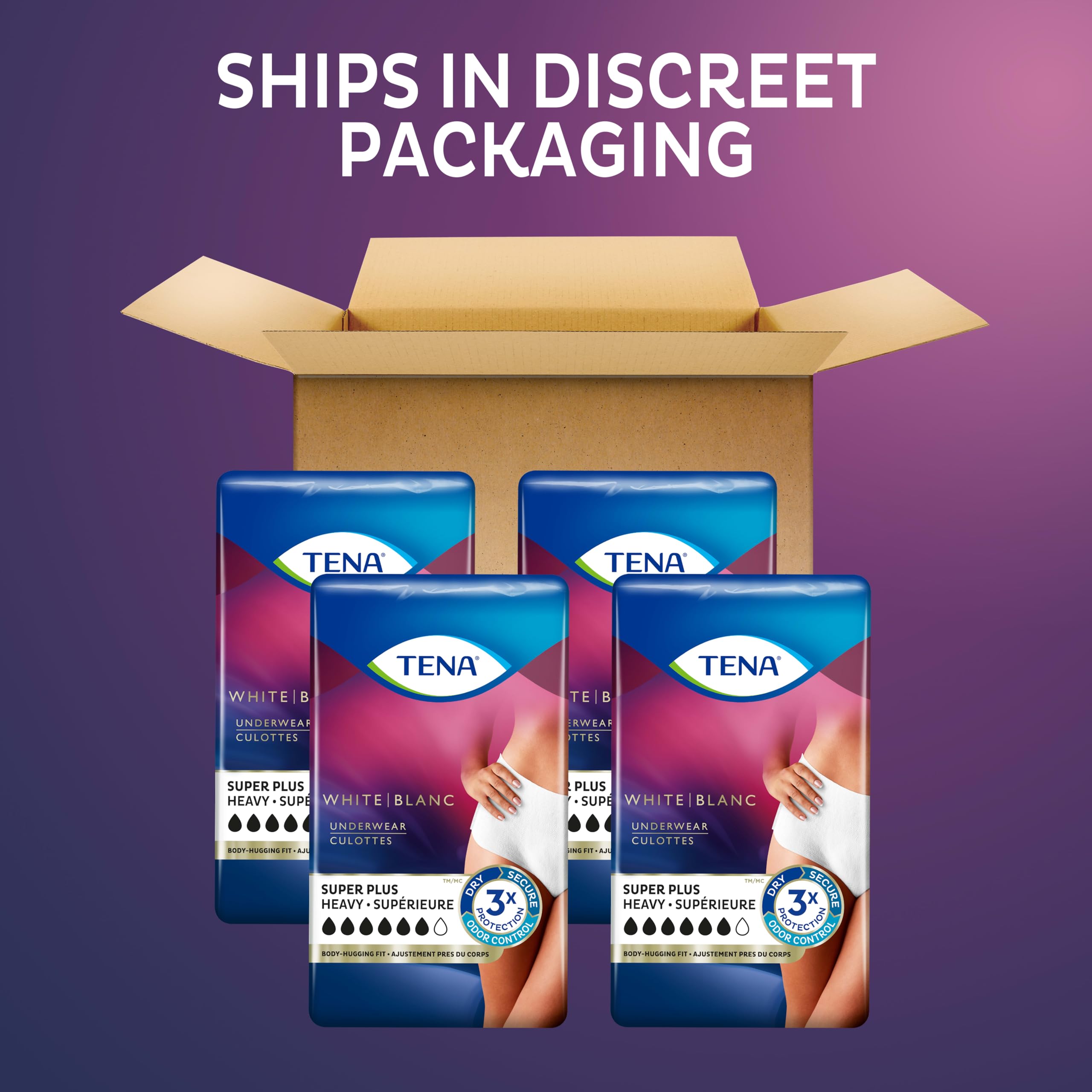 TENA back packaging highlighting features and absorbency benefits