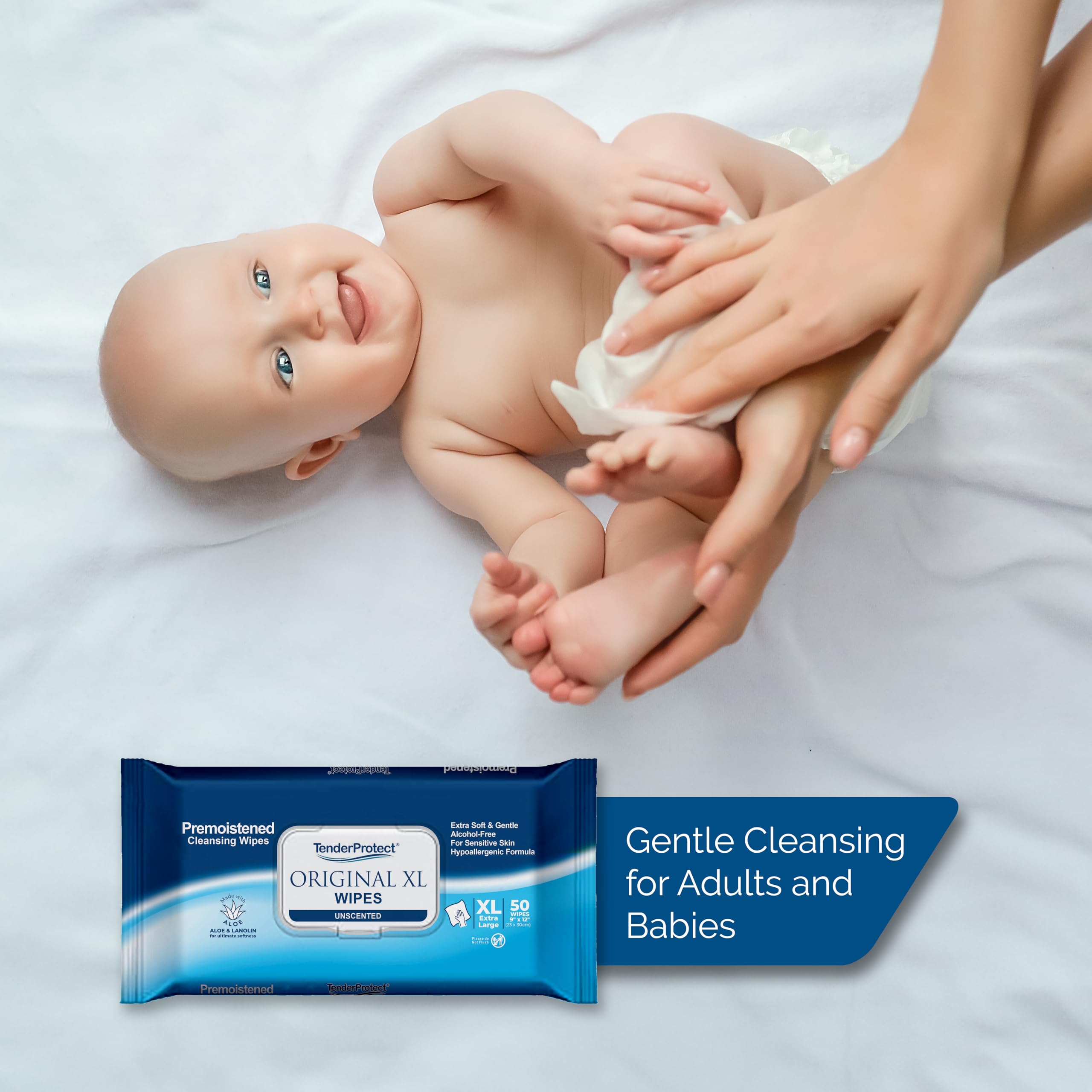TenderProtect toallita desplegada mostrando textura suave y tamaño extra grande para cobertura