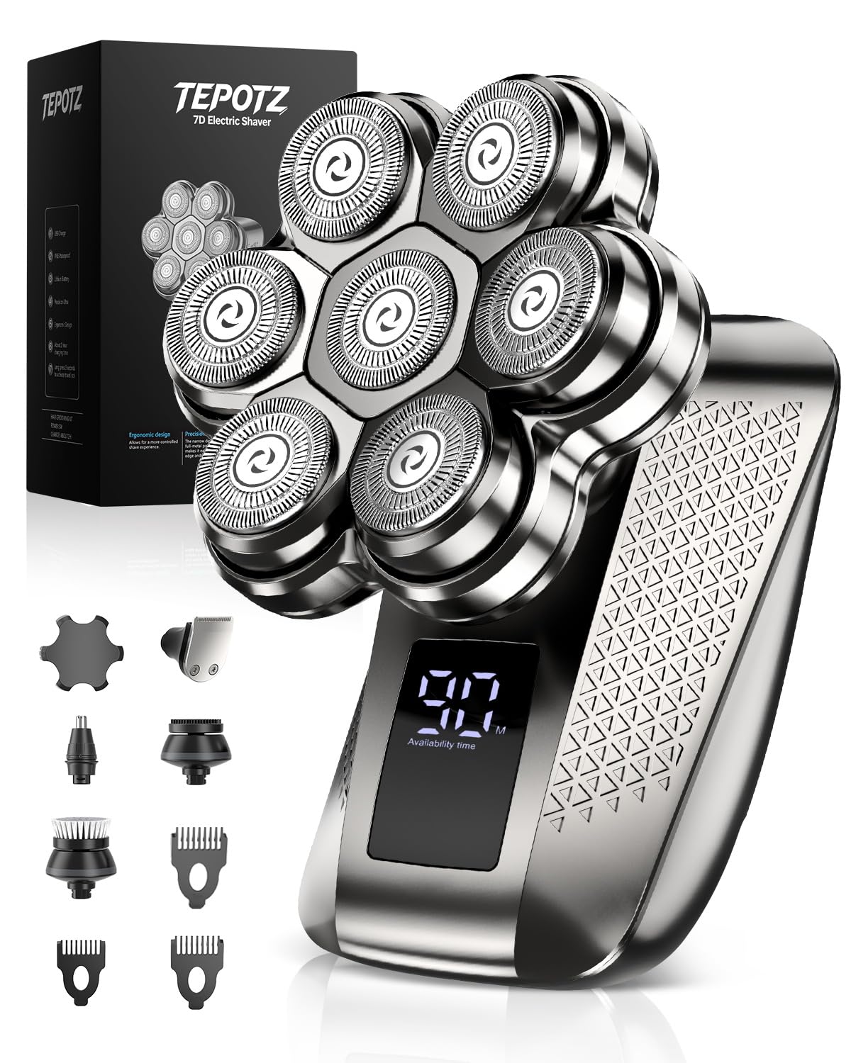TEPOTZ front view showing satin gunmetal finish and ergonomic grip for comfortable control