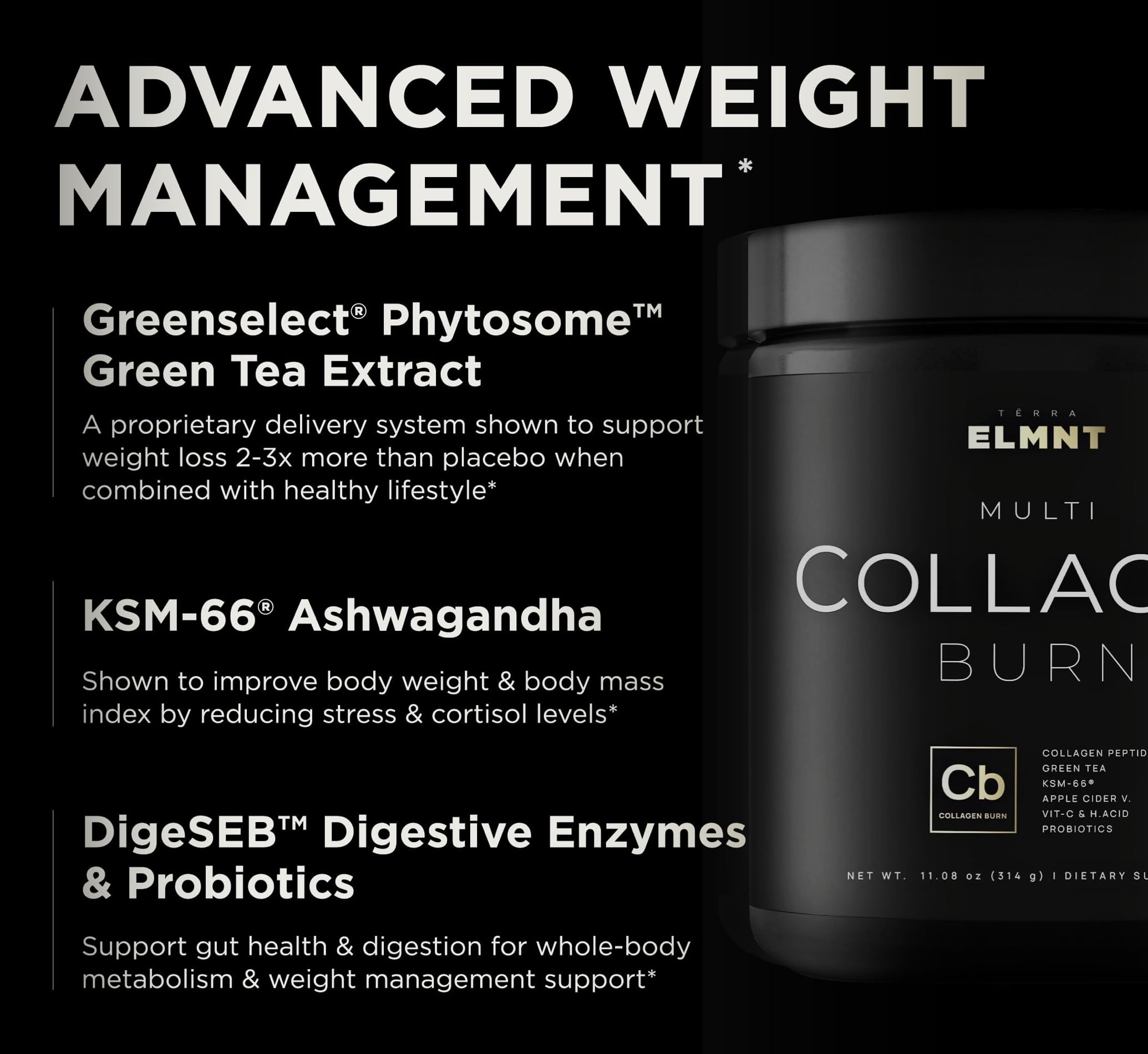 TERRA ELMNT etiqueta nutrimental legible con ingredientes clave