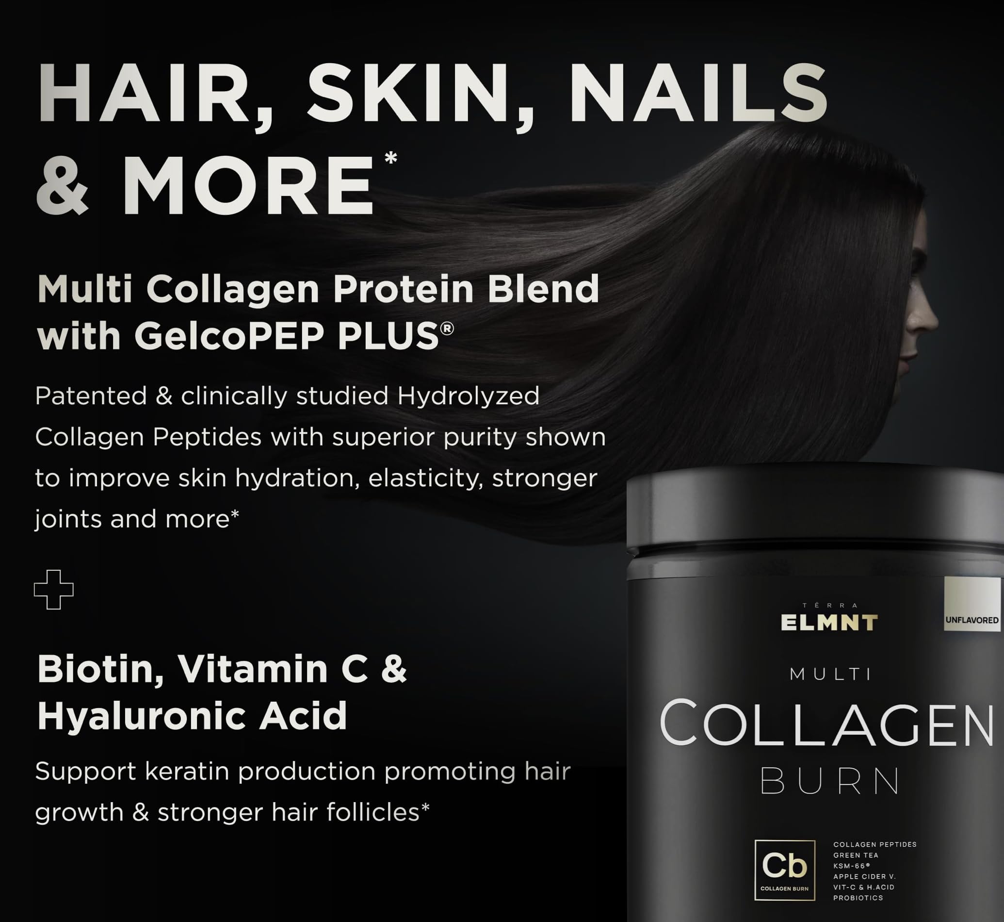 TERRA ELMNT ingredientes destacados mostrando probióticos y colágeno