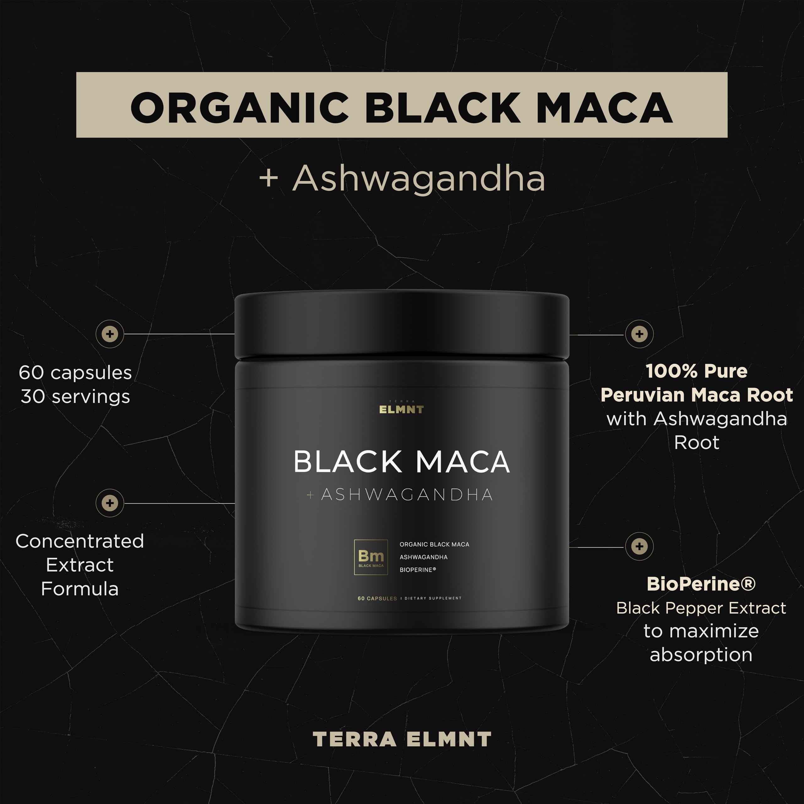 TERRA ELMNT maca negra en campo peruano origen orgánico claro