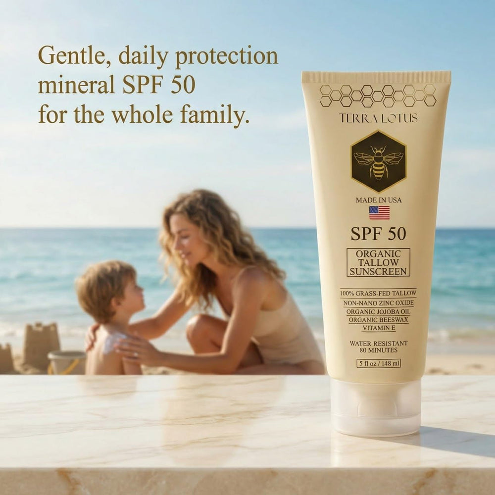 Terra Lotus sunscreen being used at beach showing water-resistant protection