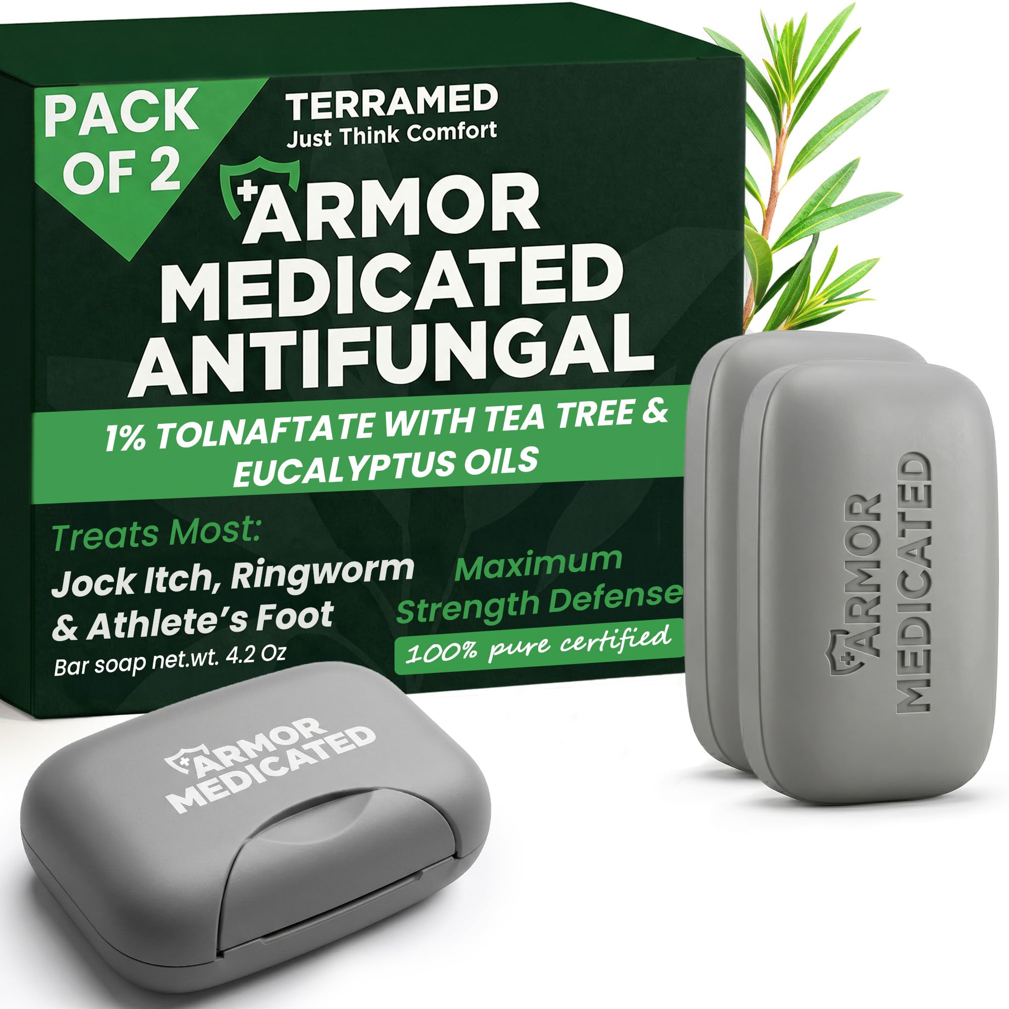Terramed Just Think Comfort frontal del pack con dos jabones, ideal para higiene antifúngica