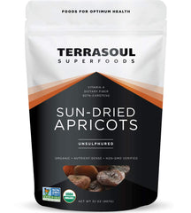 Terrasoul Superfoods paquete frontal mostrando albaricoques orgánicos para snacking