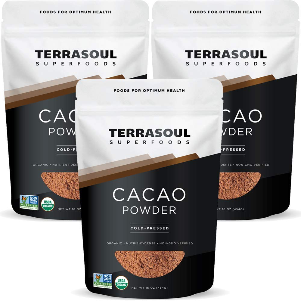 Terrasoul Superfoods empaque frontal del cacao en polvo, calidad orgánica evidente
